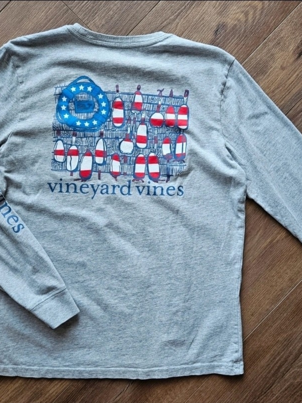 Boys Vineyard Vines Light Gray Long Sleeve with Red, White & Blue Buoy Graphic